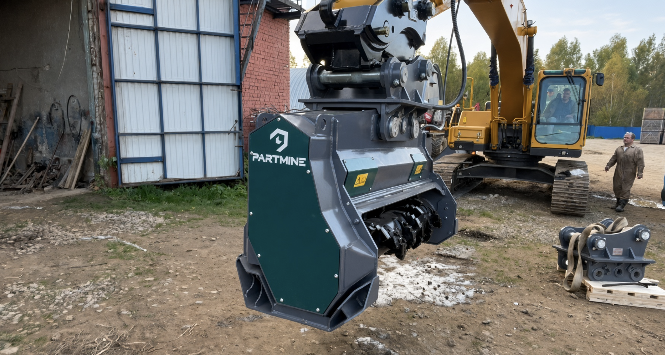 Роторный мульчер Partmine PM150H450 с фрезерным барабаном на гусеничном экскаваторе LGCE 6255
